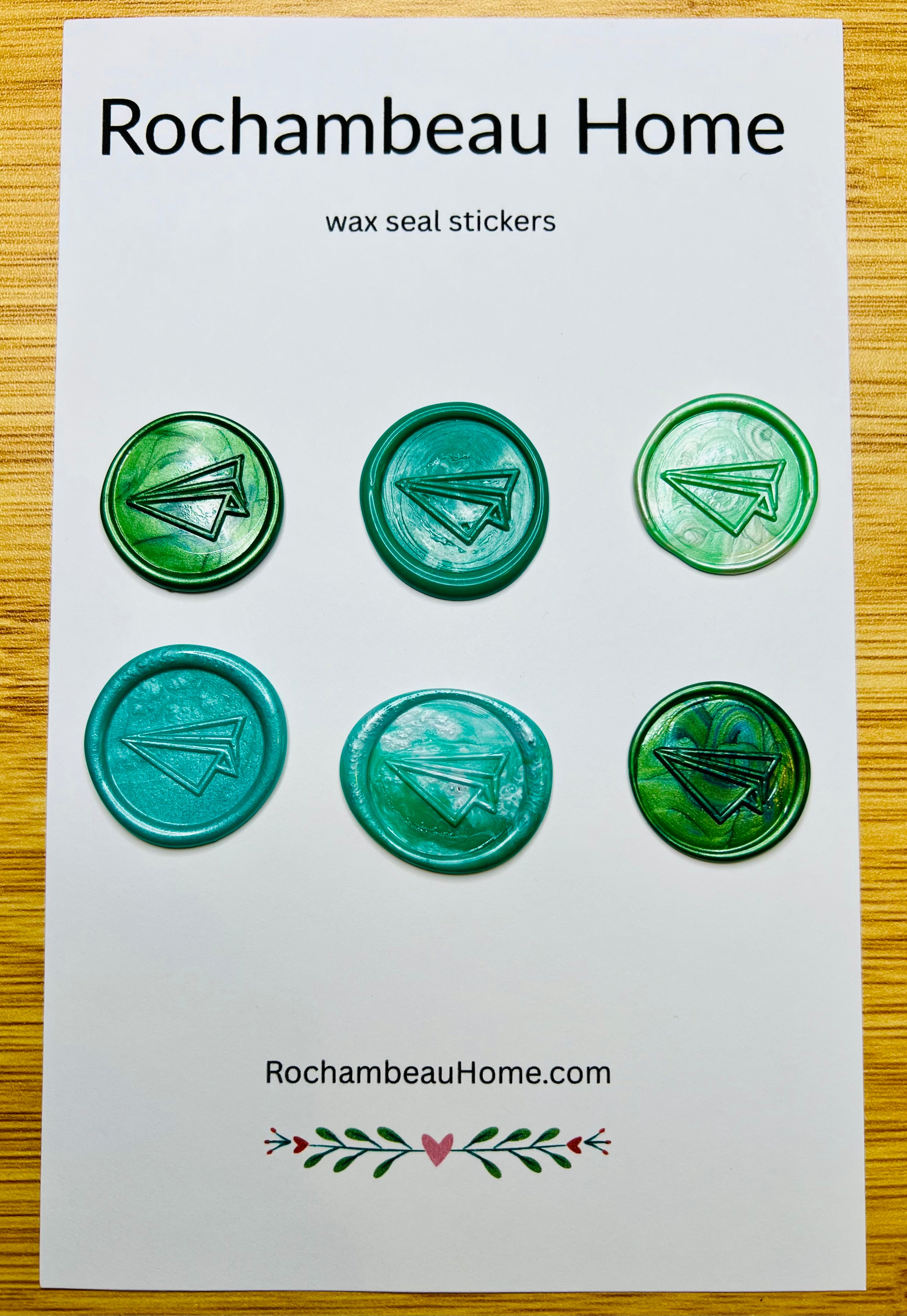 Flight of Fancy – Paper Airplane wax seal stickers in a green theme