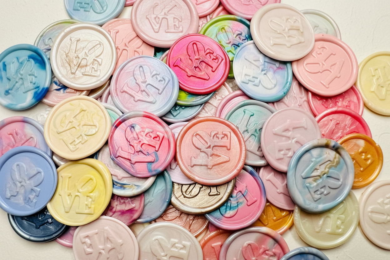 Iconic 'LOVE' wax seal stickers created by Rochambeau Home in various color combinations.