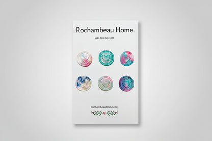 Packaging of Rochambeau Home wax seal stickers with heart designs on a white background.