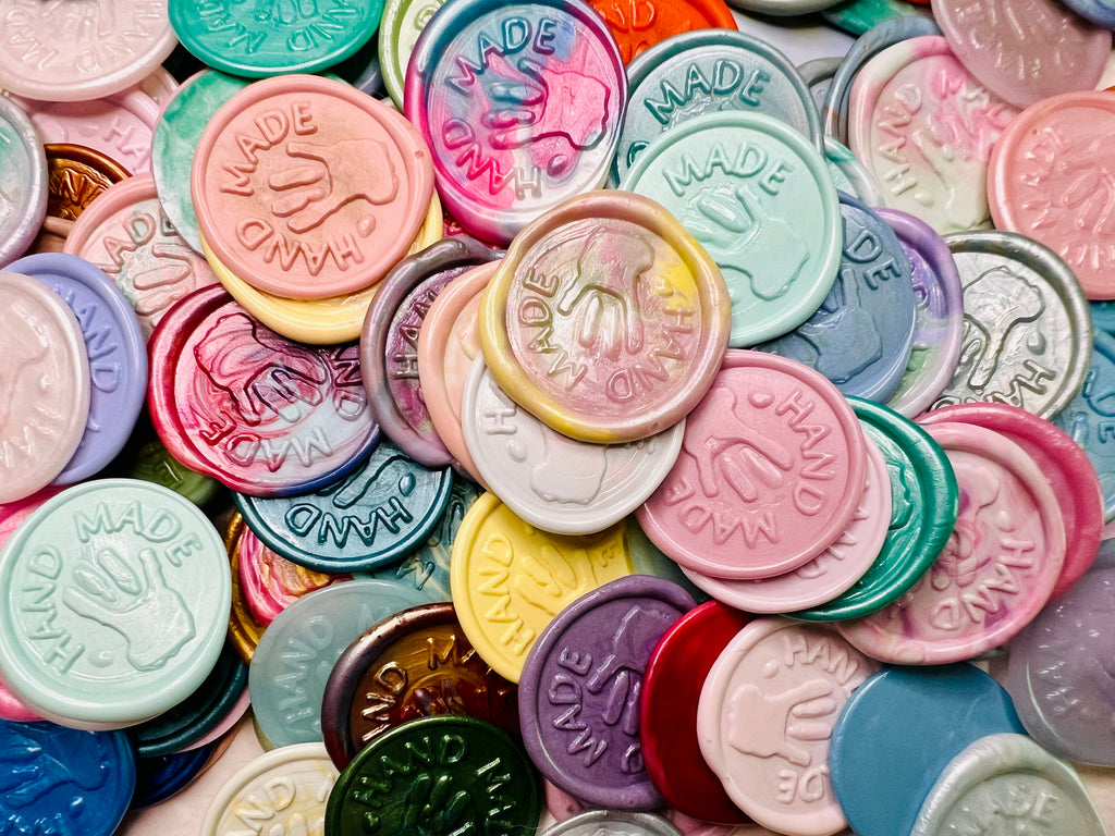 "Hand Made" embossed wax seal stickers are a perfect addition to packaging or tags for artisans