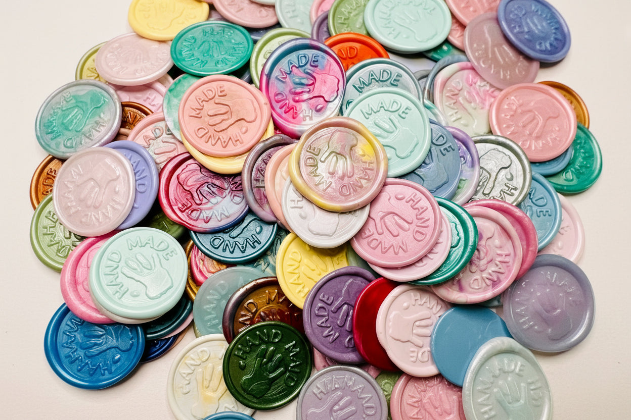 "Hand Made" embossed wax seal stickers are a perfect addition to packaging or tags for artisans