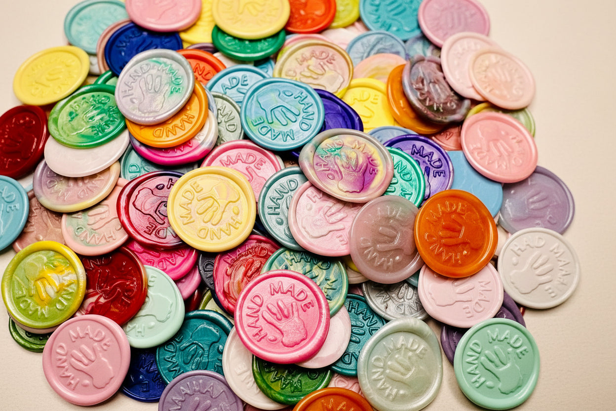 Assorted 'Hand Made' wax seal stickers created by Rochambeau Home in various colors.