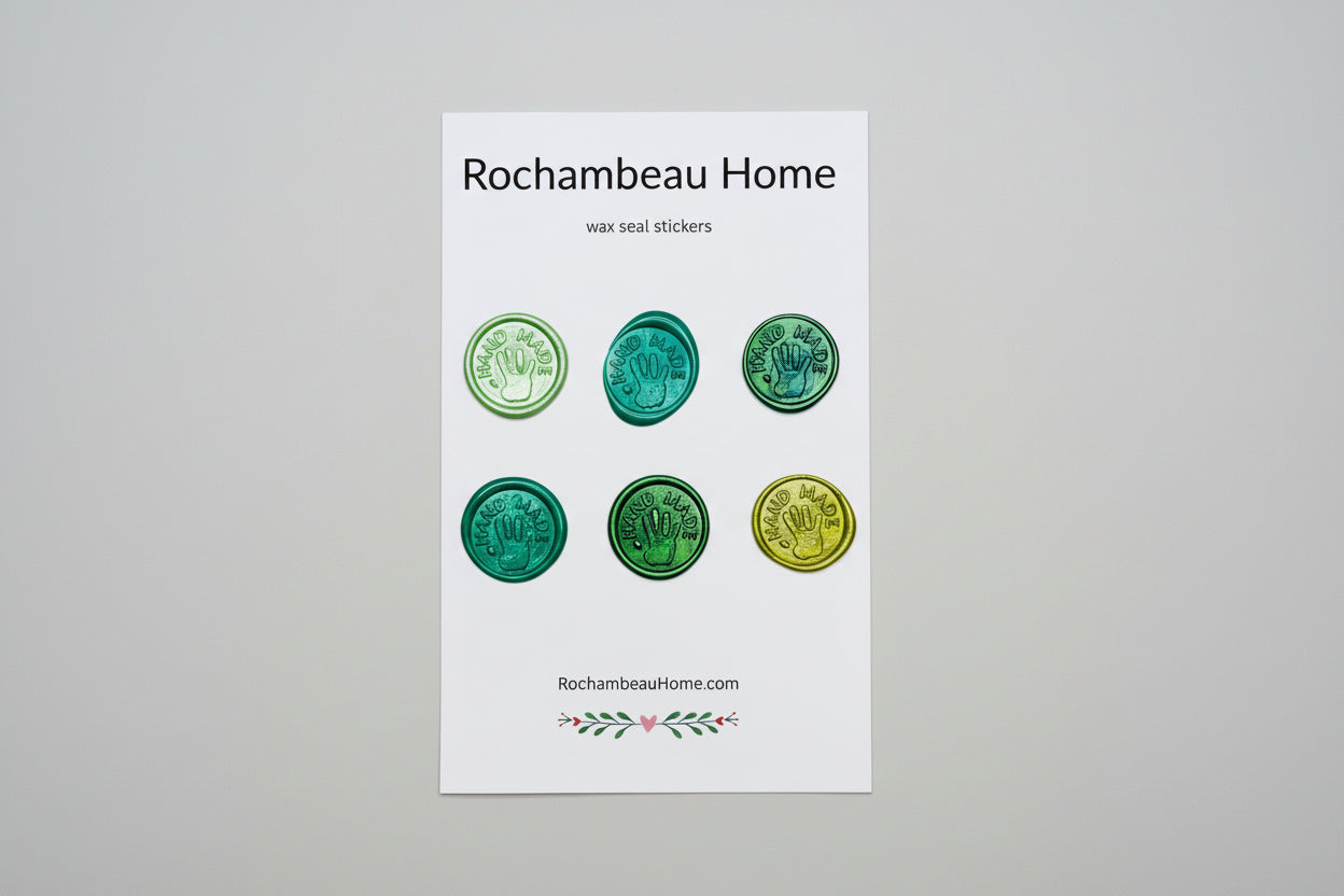 “Hand Made” wax seal stickers created by Rochambeau Home with 3D embossed handprint in a green theme