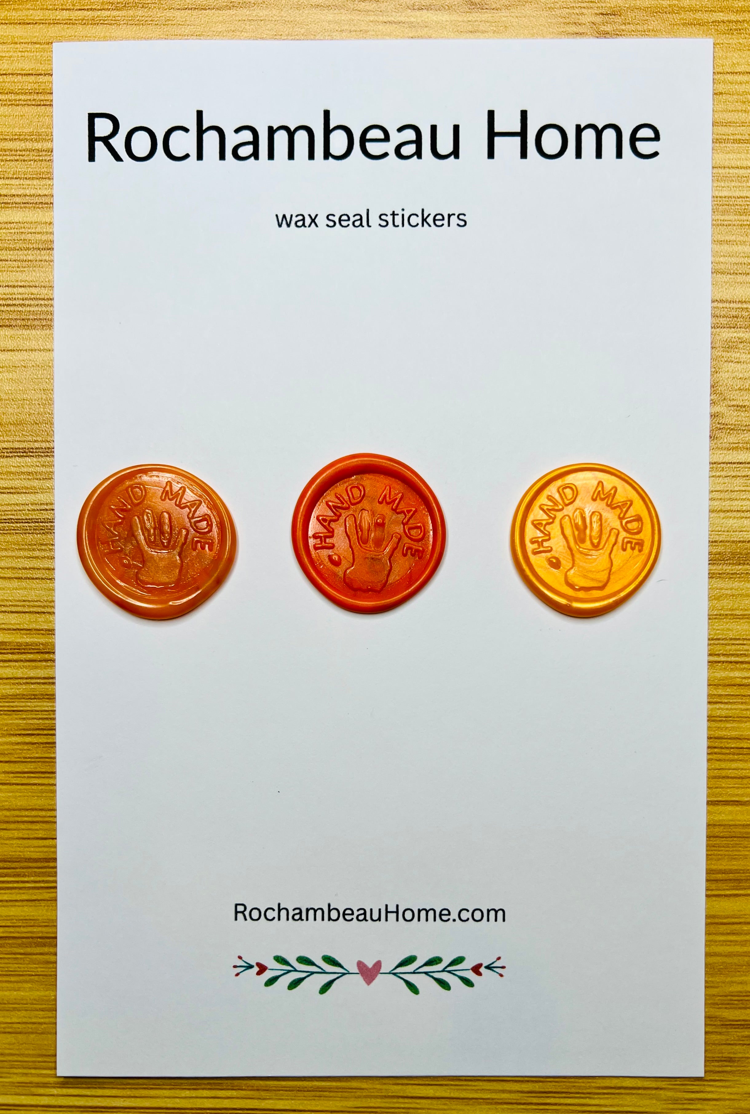 “Hand Made” wax seals with 3D embossed handprint in a orange theme