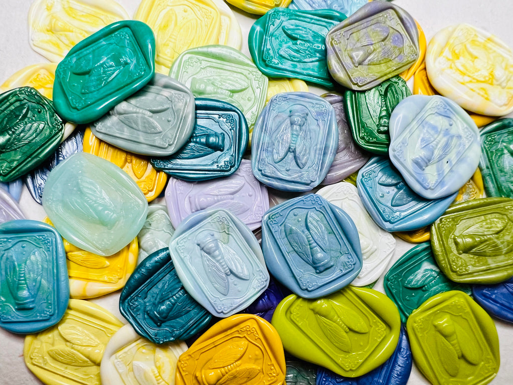 Intricate cicada wax seal stickers with ornate borders for gothic or oddity-inspired decor