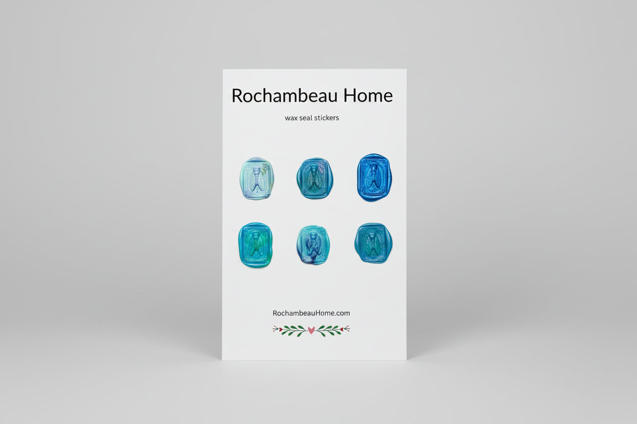 Intricate cicada wax seal stickers created by Rochambeau Home in blue theme