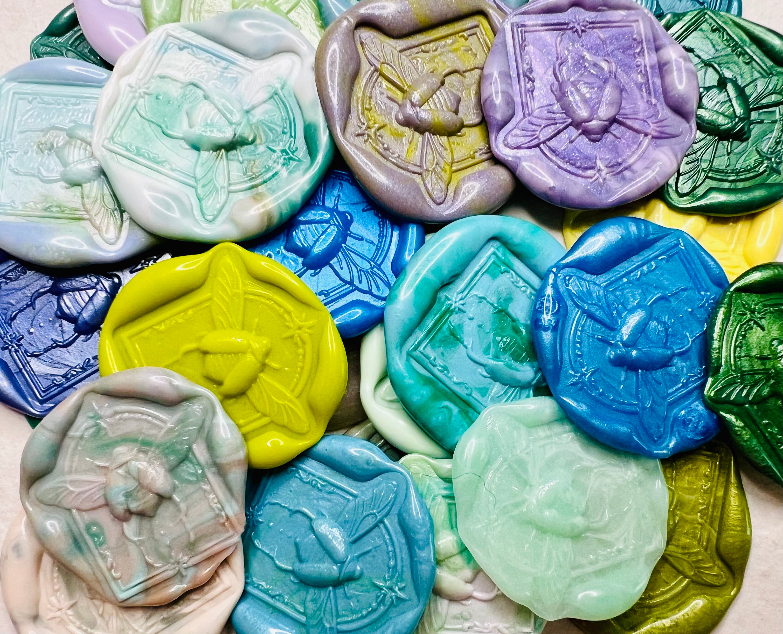 Close up view of the Scarab Beetle wax seal stickers