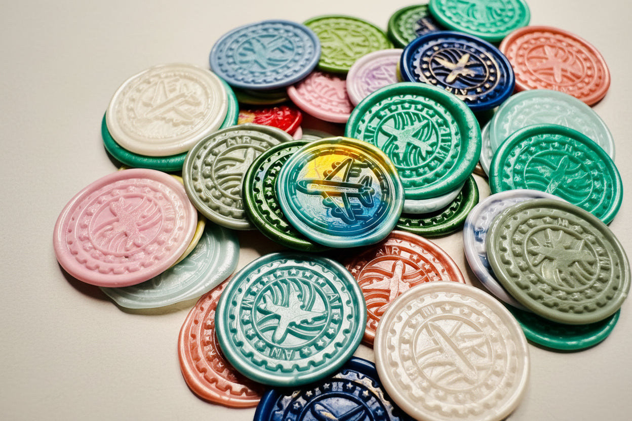 Close up view of the Vintage-Inspired Airplane wax seal sticker in a multicolor theme