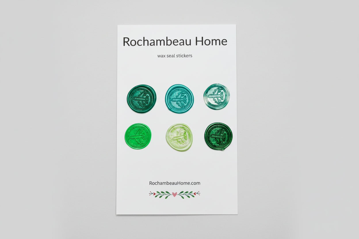 Vintage-Inspired Airplane wax seal stickers created by Rochambeau Home  in a green theme