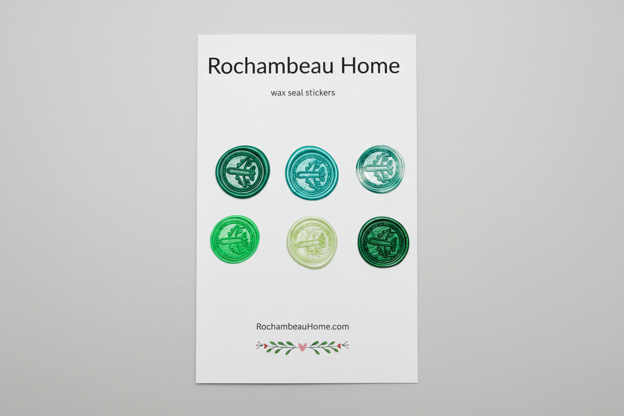 Set of green wax seal stickers on a white card with 'Rochambeau Home' branding card.