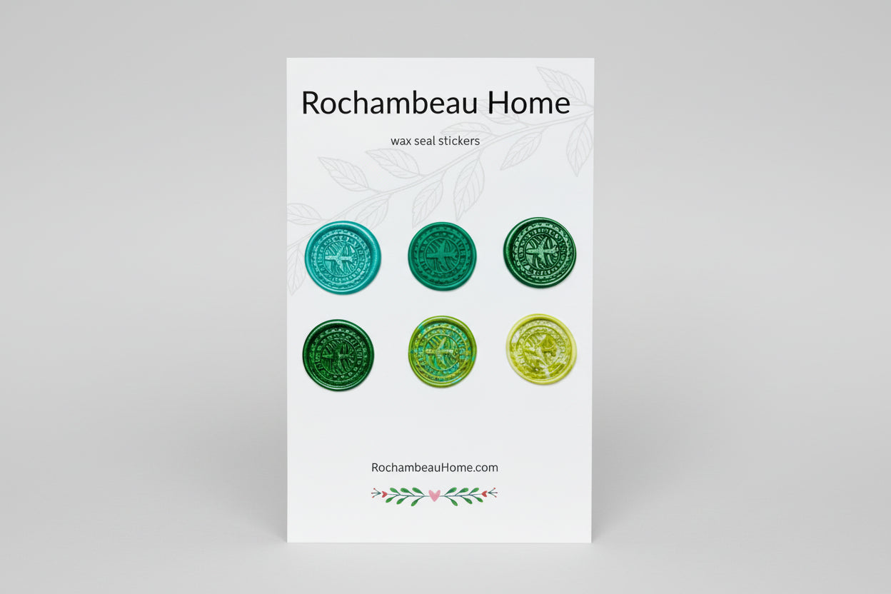 Vintage-Inspired Air Mail wax seal stickers created by Rochambeau Home in a green theme