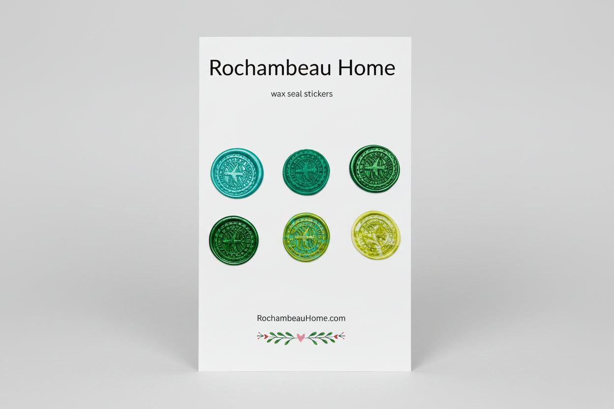 Set of wax seal stickers by Rochambeau Home on a white display card with a gray surface background.