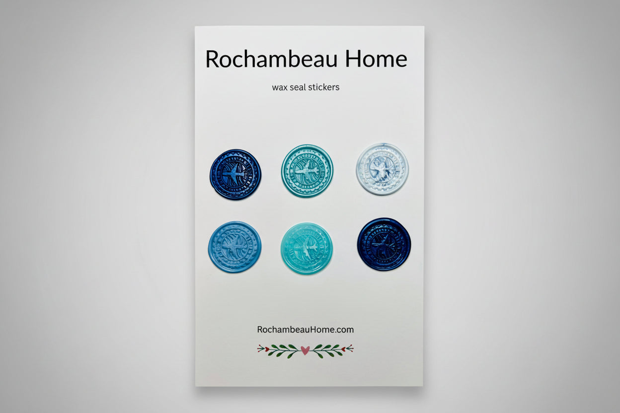 Vintage-Inspired Air Mail wax seal stickers created by Rochambeau Home in a blue theme