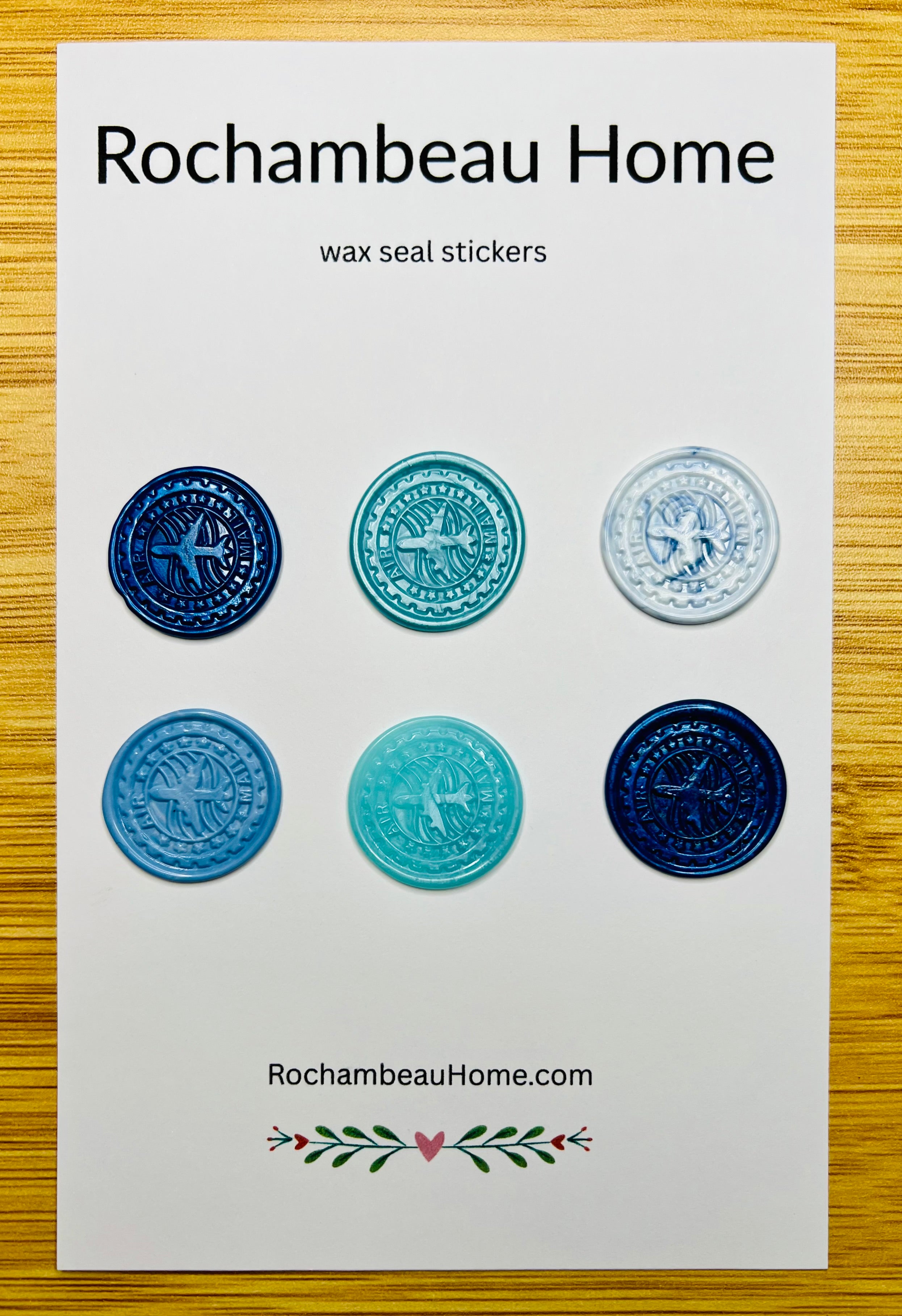 Vintage-Inspired Air Mail wax seal stickers in a blue theme
