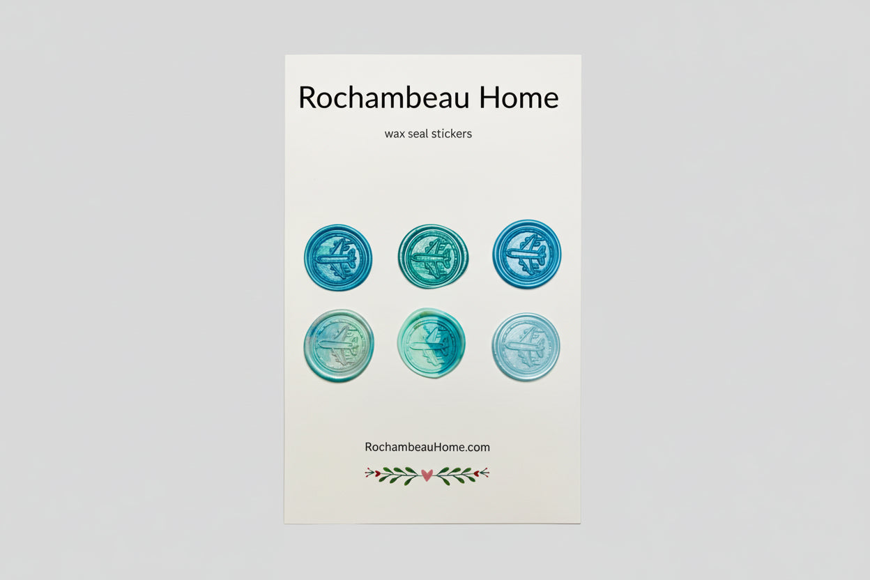 Vintage-Inspired Airplane wax seal stickers created by Rochambeau Home  in a blue theme