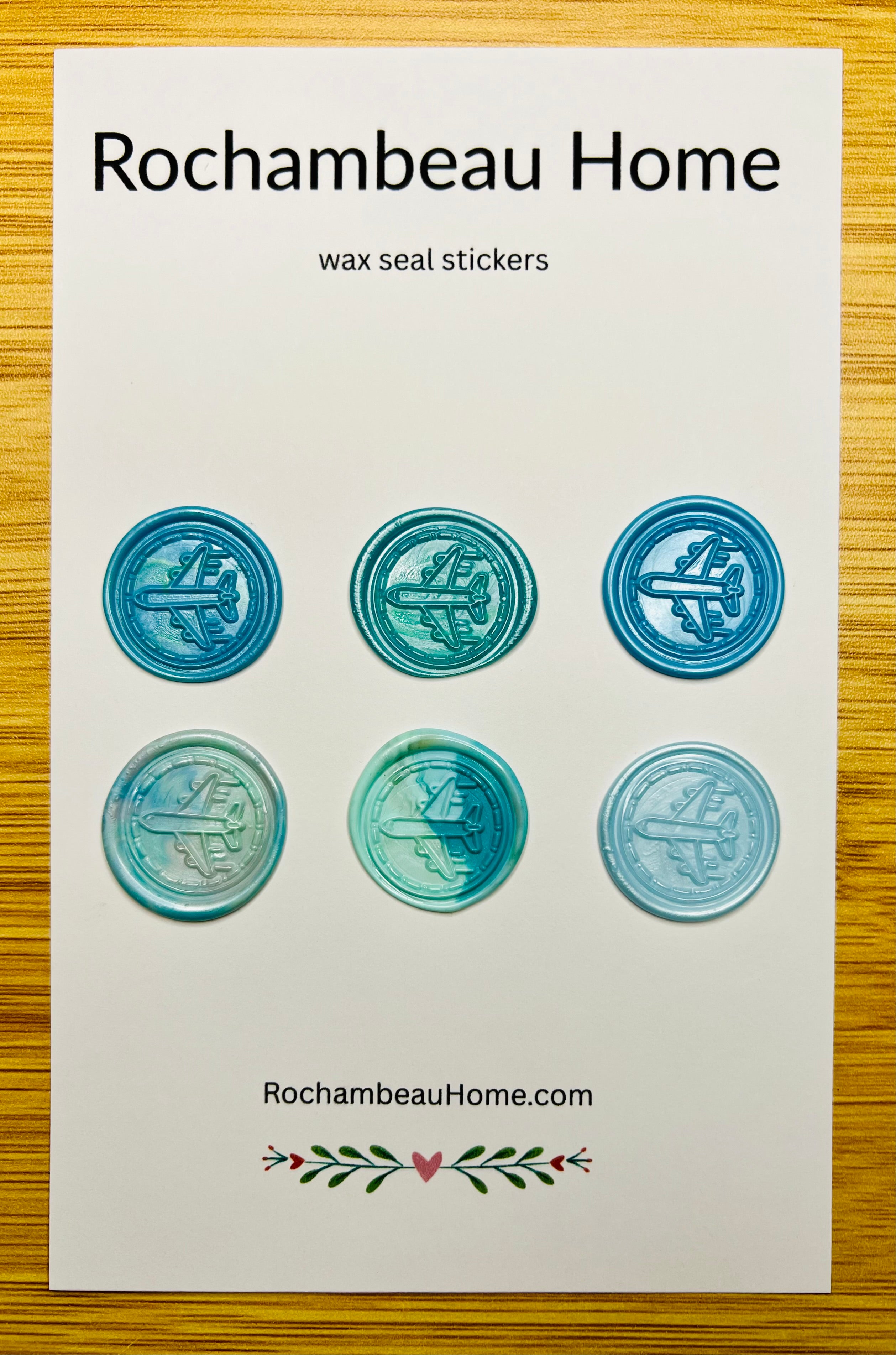 Vintage-Inspired Airplane wax seal stickers in a blue theme