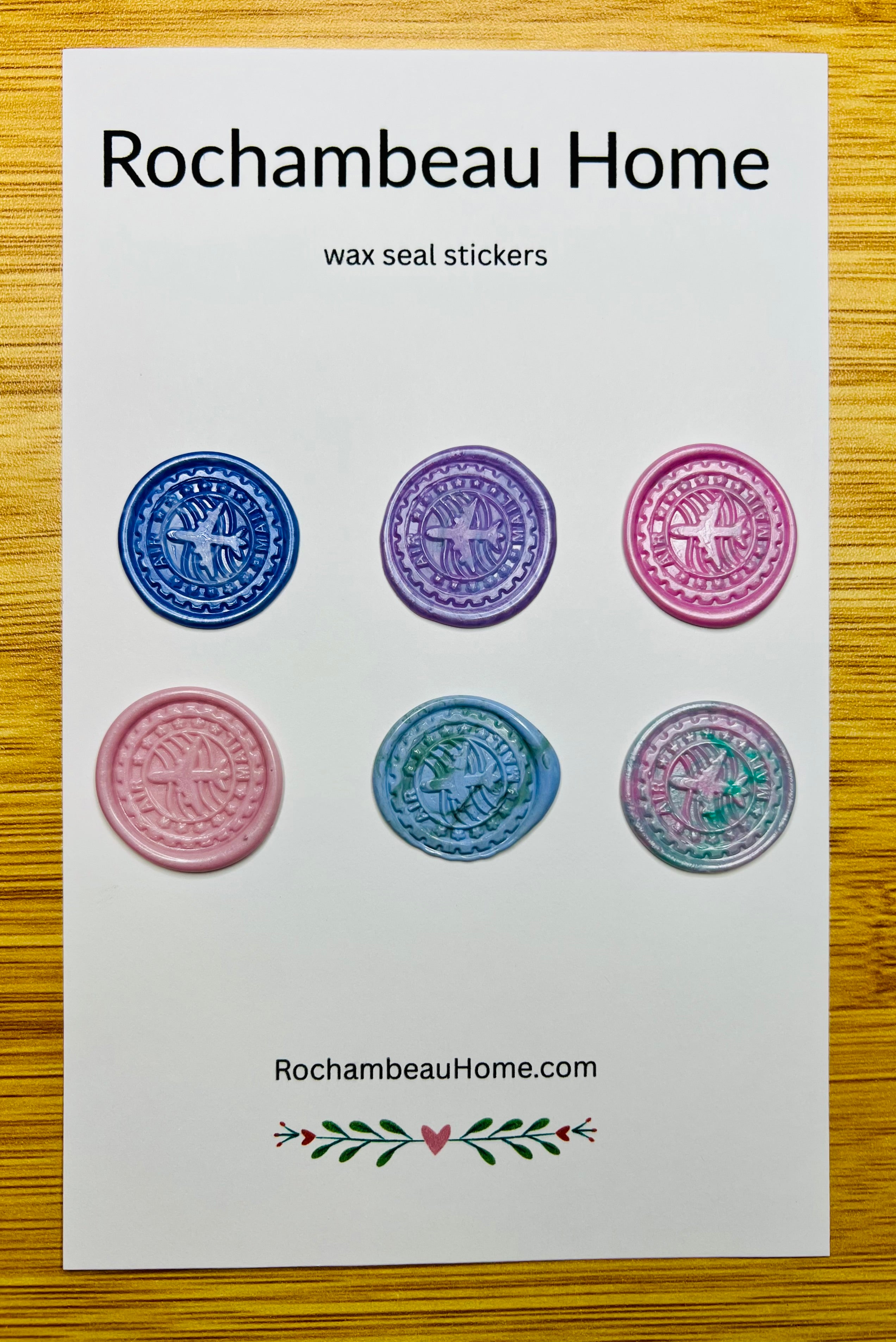 Vintage-Inspired Air Mail wax seal stickers in a purple theme