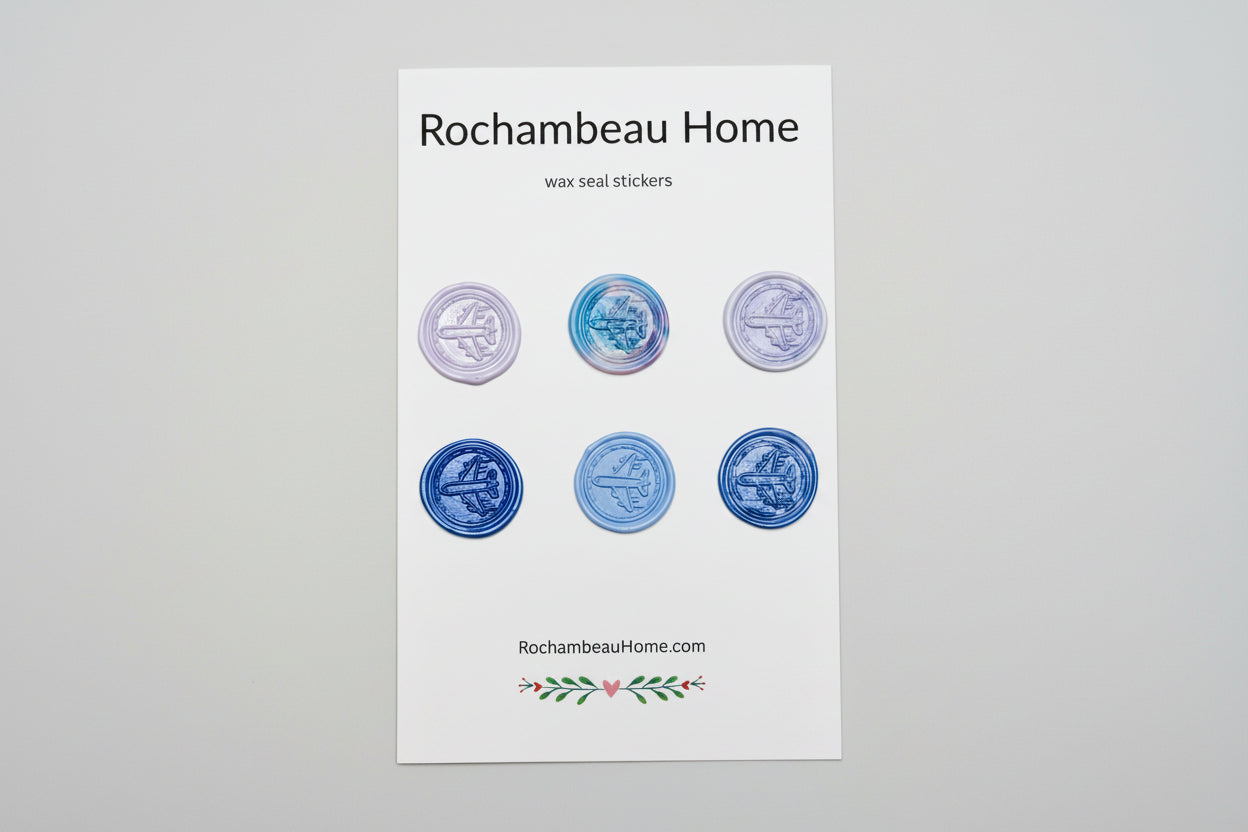 Vintage-Inspired Airplane wax seal stickers created by Rochambeau Home in a purple theme