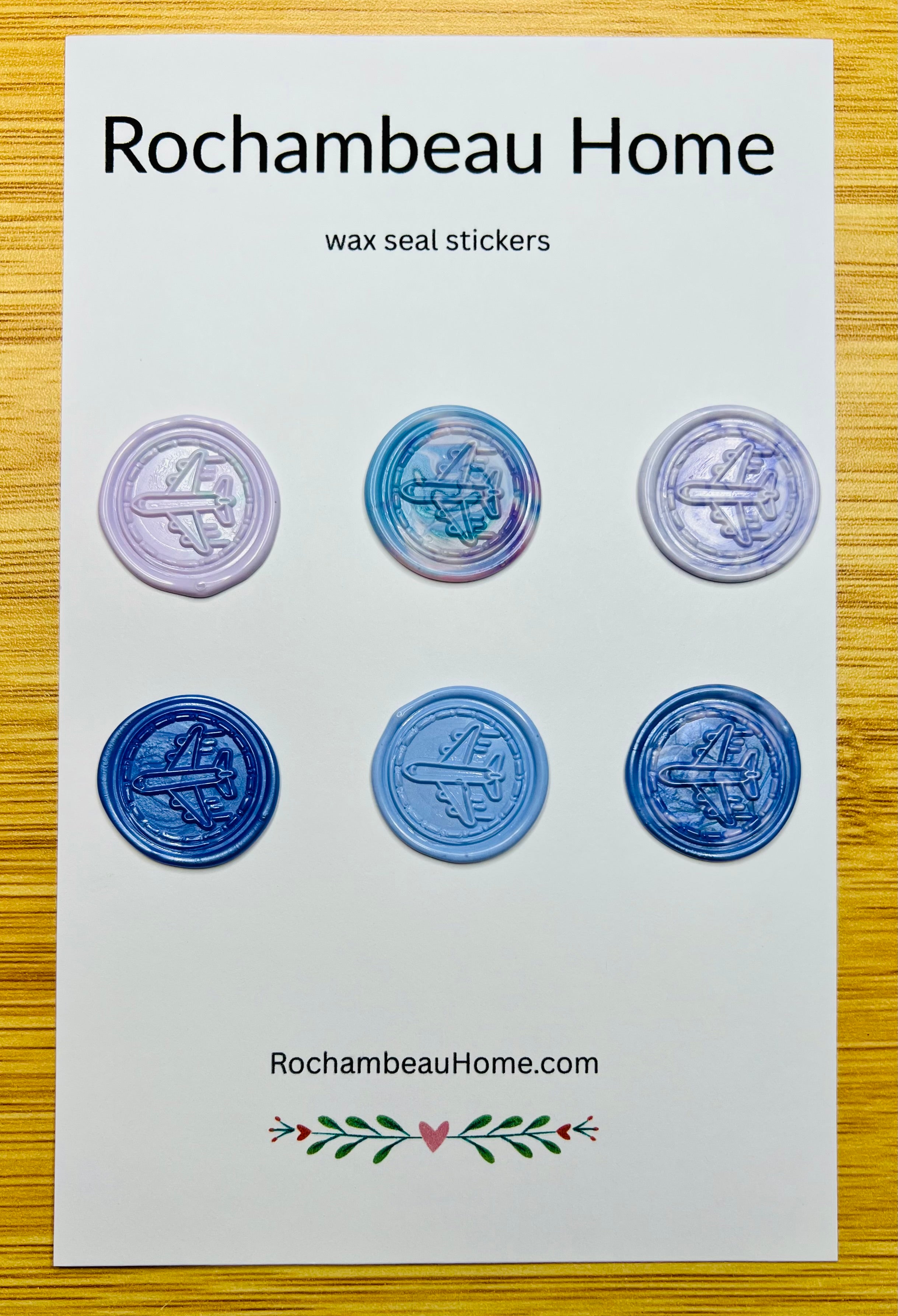 Vintage-Inspired Airplane wax seal stickers in a purple theme