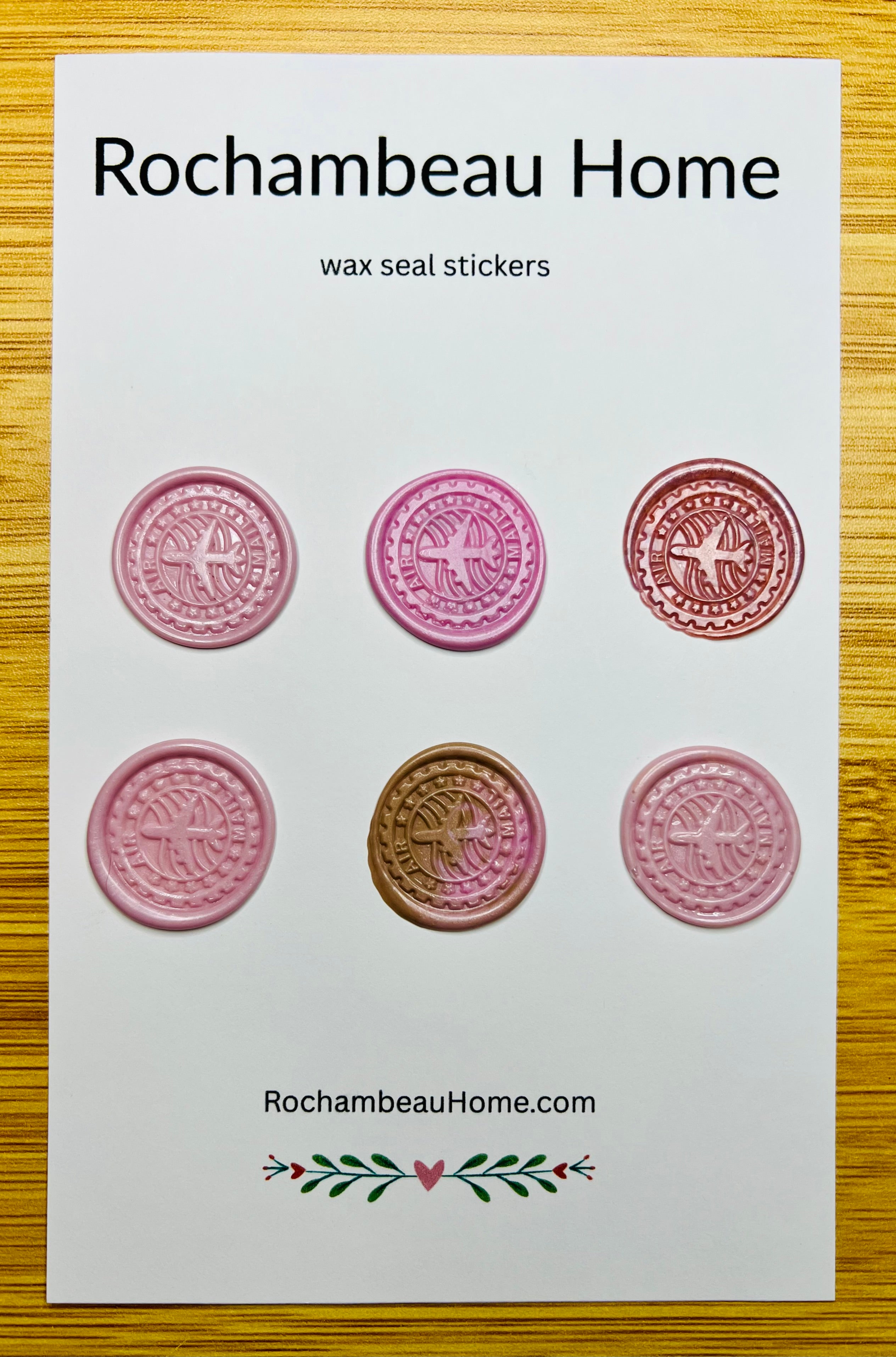 Vintage-Inspired Air Mail wax seal stickers in a pink theme