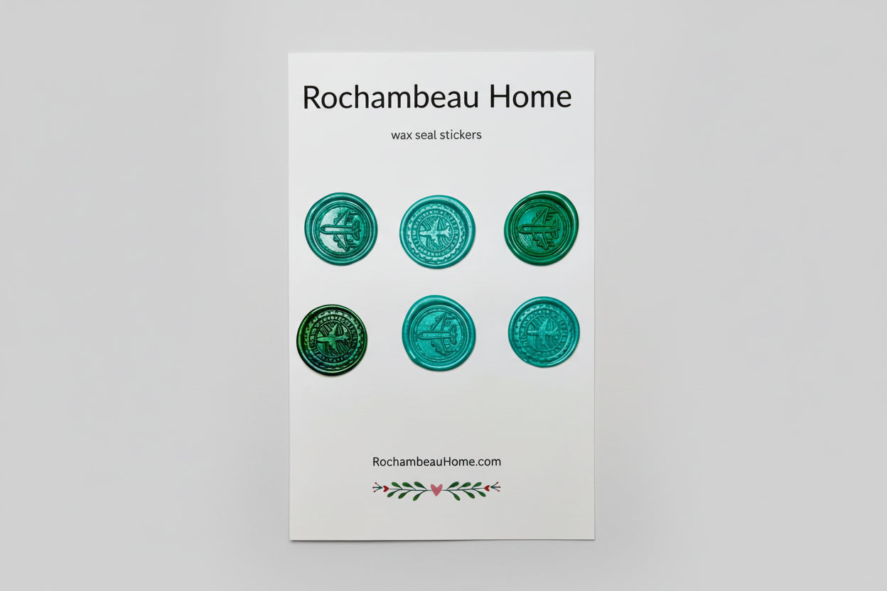 Mix of Airplane embossed wax seal stickers created by Rochambeau Home in a green theme.