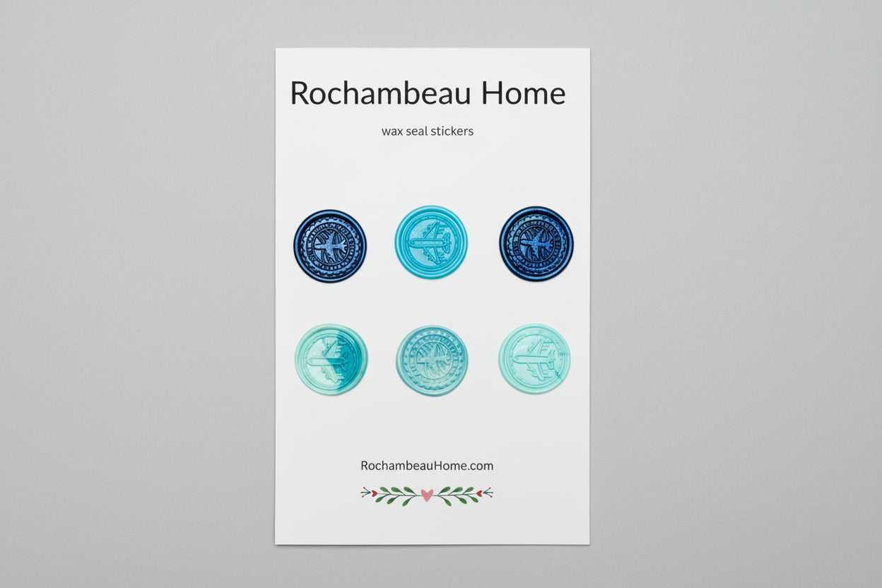 Mix of airplane embossed wax seal stickers created by Rochambeau Home in a blue theme.