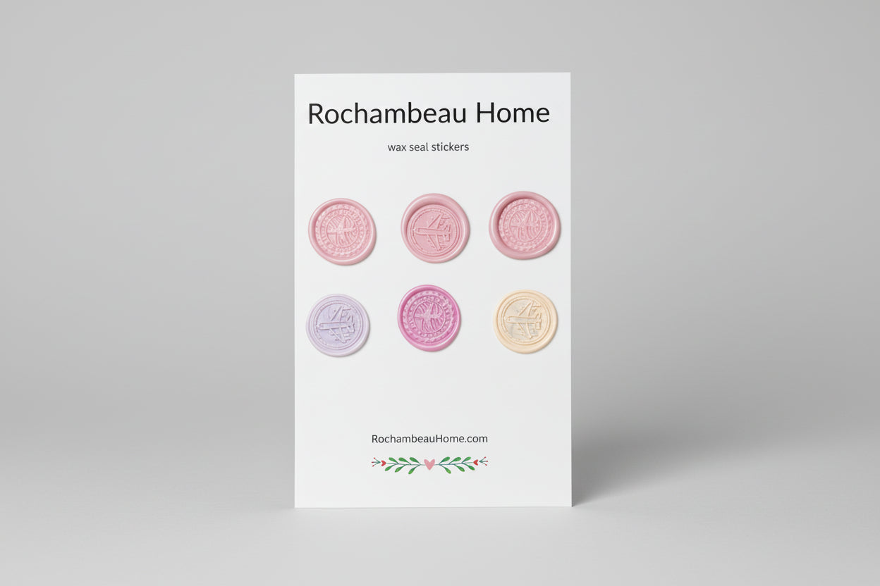 Mix of airplane embossed wax seal stickers created by Rochambeau Home in a pink theme.