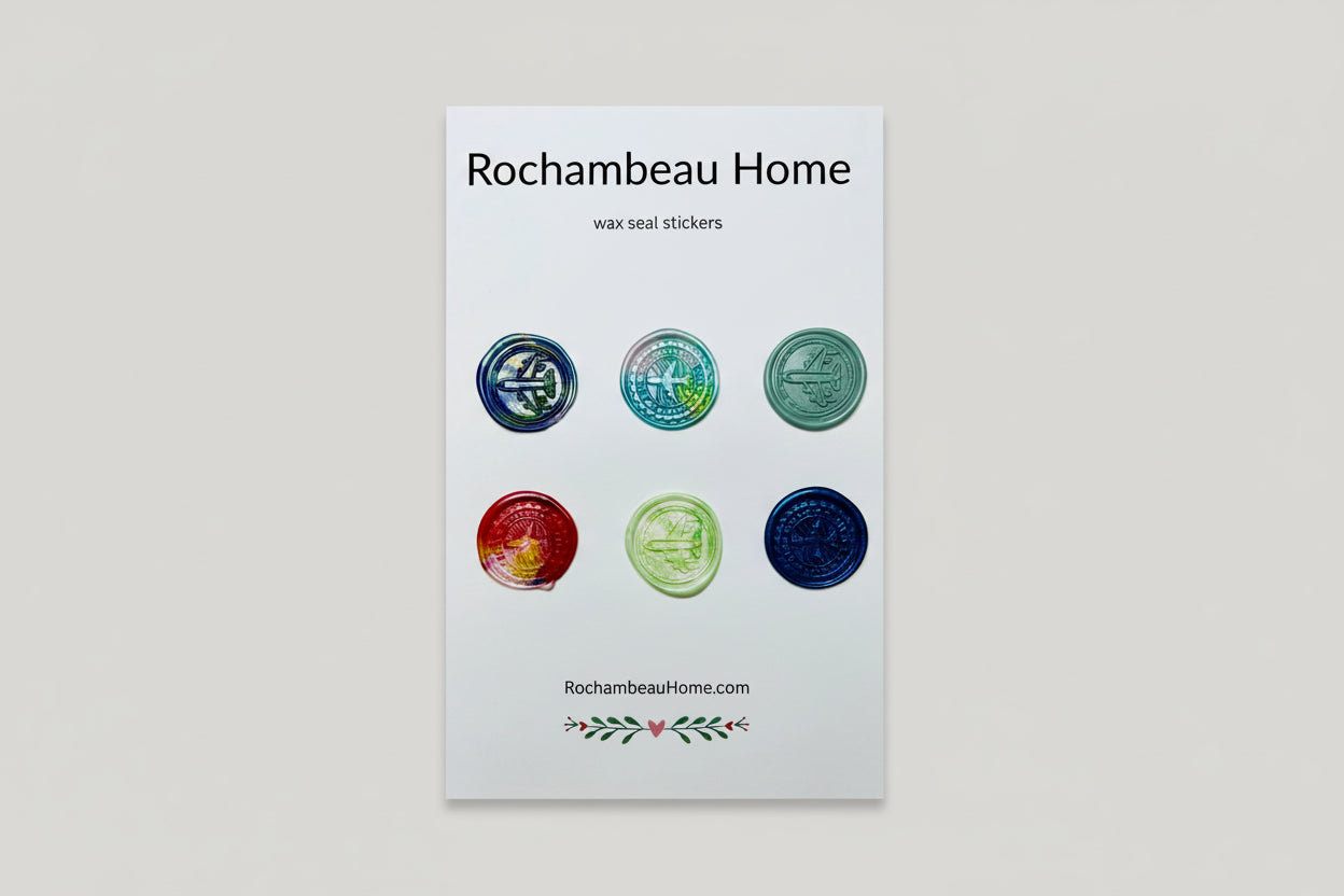 Mix of airplane embossed wax seal stickers created by Rochambeau Home in a multicolor theme.