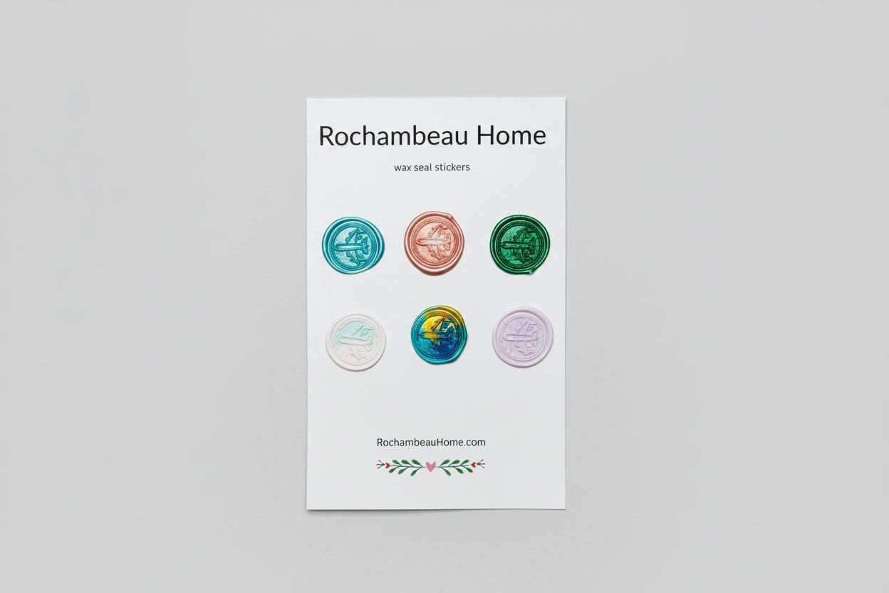 Wax seal stickers by Rochambeau Home on a white card with a gray background