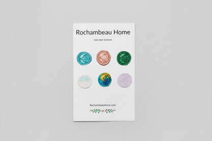 Wax seal stickers by Rochambeau Home on a white card with a gray background