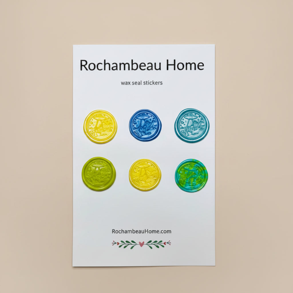 Set of wax seal stickers by Rochambeau Home on a white card with a wooden border.