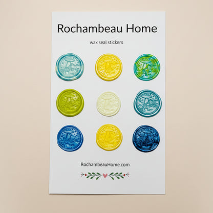 Set of wax seal stickers by Rochambeau Home on a white card on a gray background.