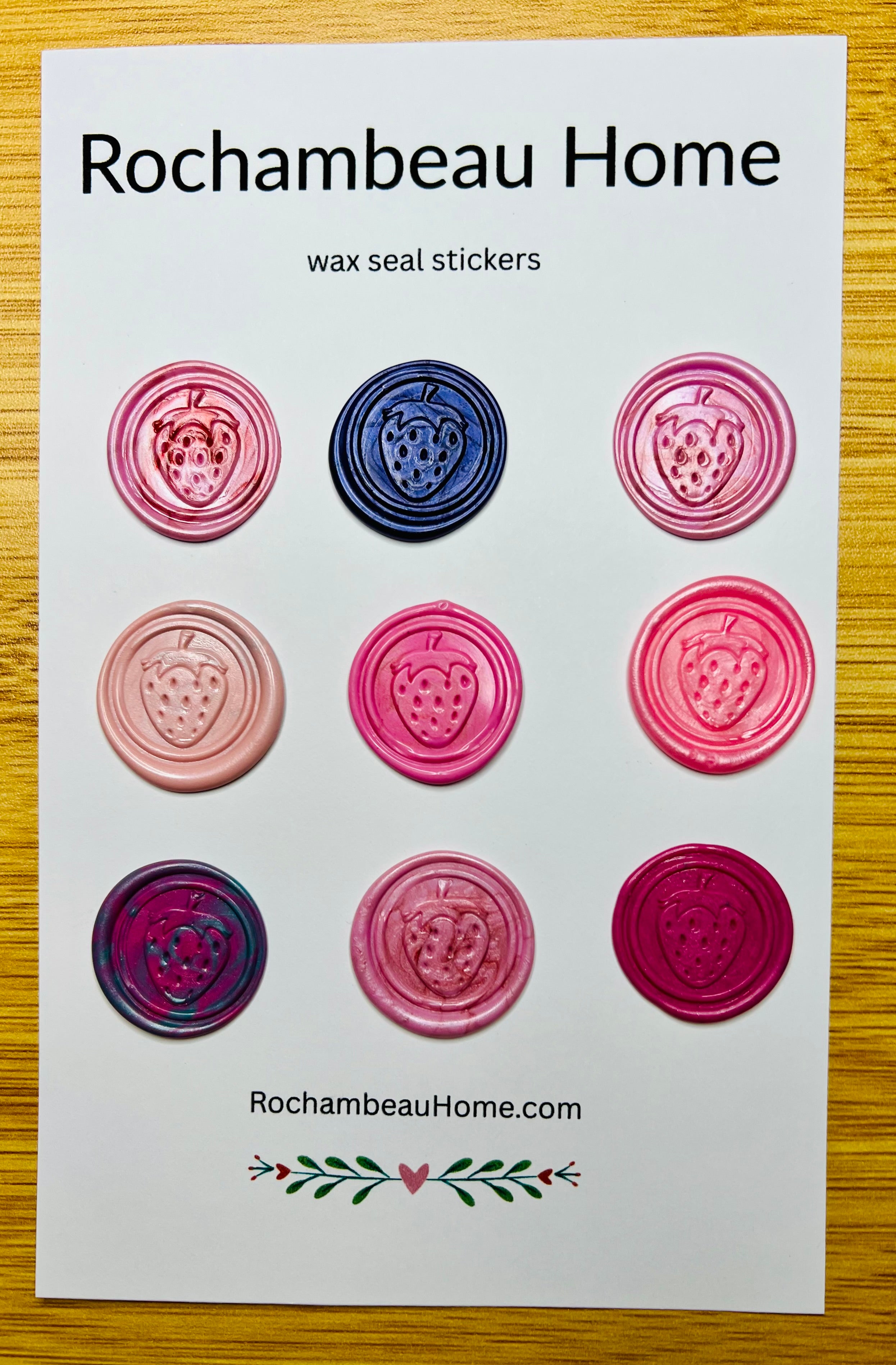 Berry Sweet Strawberry Bliss wax seal stickers on a 9 pack display card
