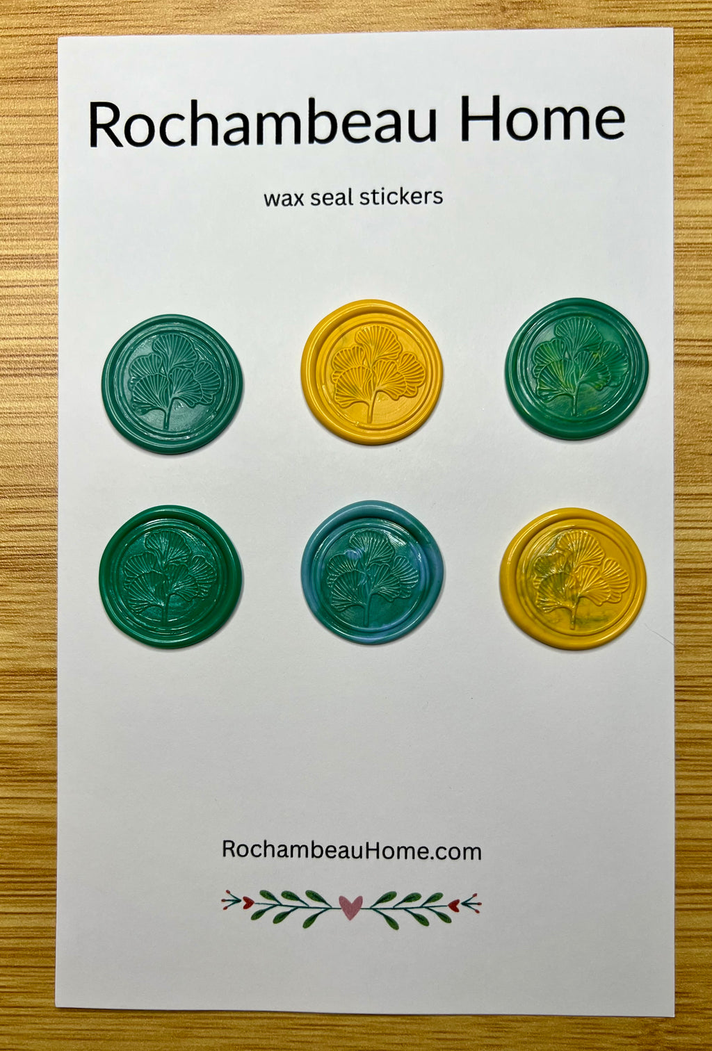 Ancient Elegance Ginkgo wax seal stickers displayed on a 6 pack card