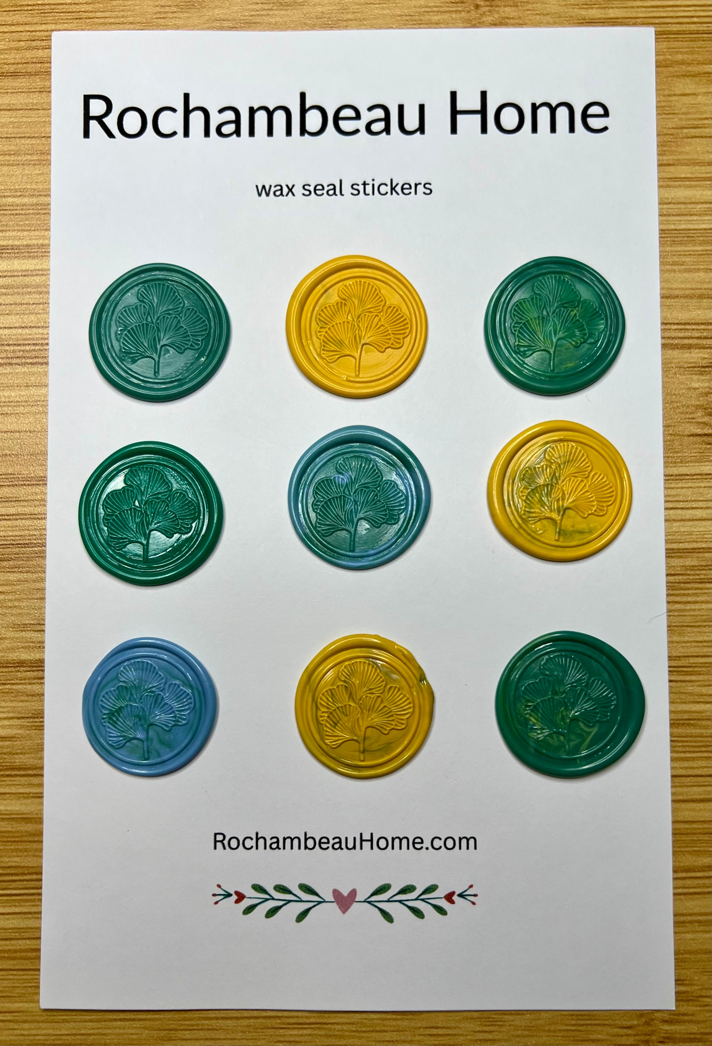 Ancient Elegance Ginkgo wax seal stickers displayed on a 9 pack card