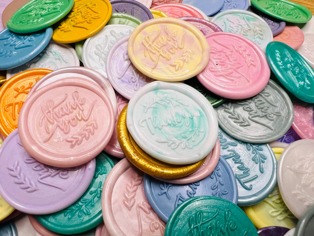 Close up view of Style 2 - Stamped with Gratitude: Handcrafted “Thank You” wax seal stickers