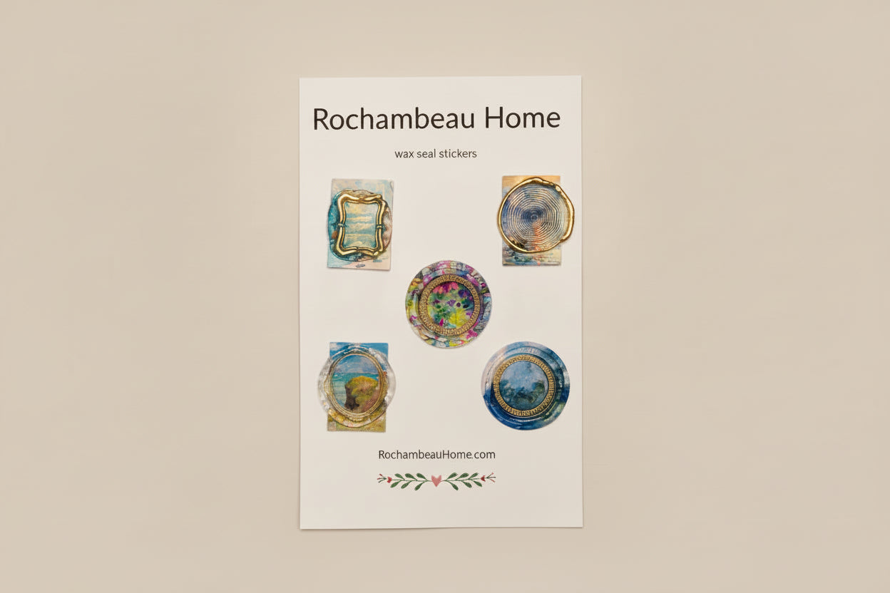 Hand-gilded wax seal stickers created by Rochambeau Home featuring an abstract impressionist landscape in warm tones (Art Deco 001)