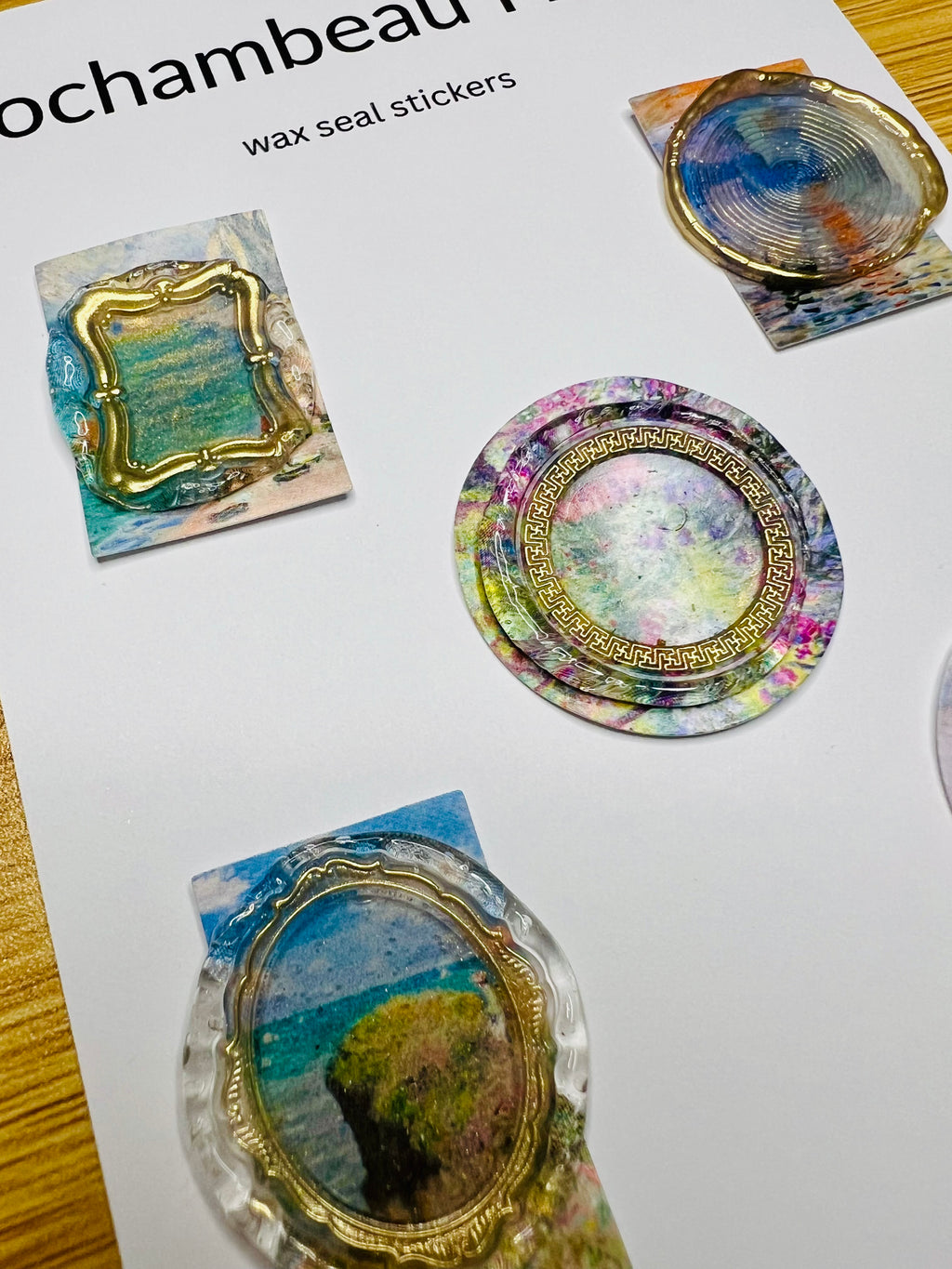 Set of five nature-inspired wax seal stickers on a card with shimmering gold detailing (Art Deco 001)