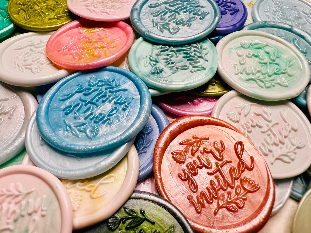 Handcrafted “You’re Invited” wax seal stickers are a perfect pair with your party invatations