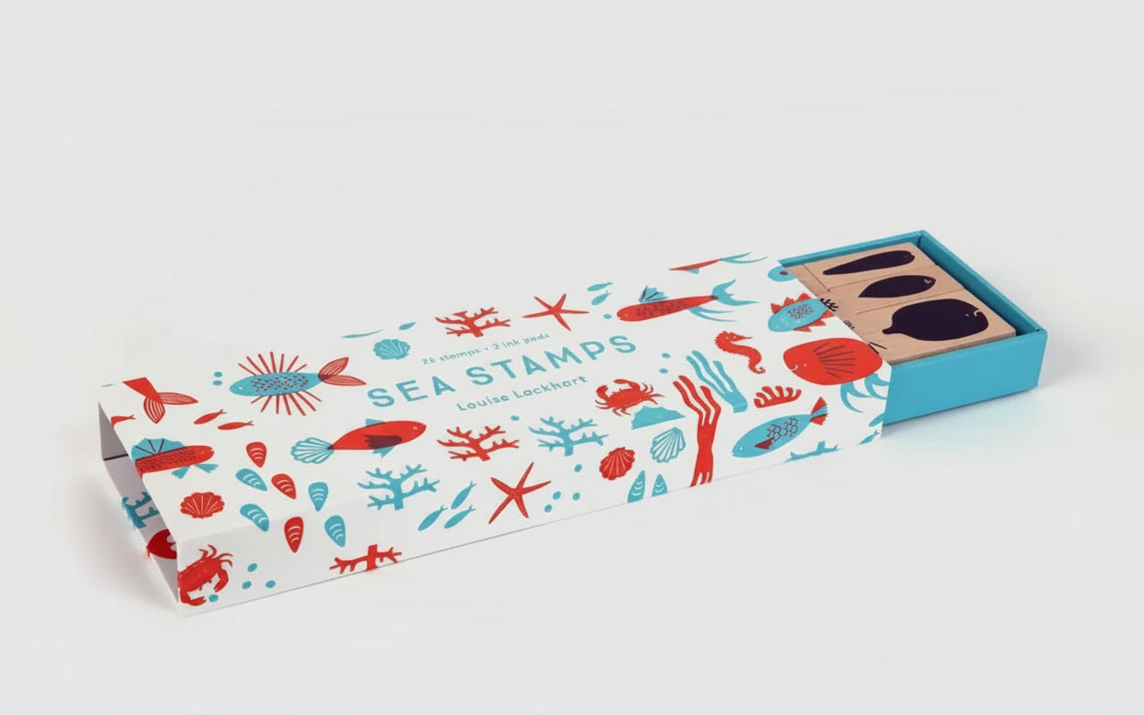 Sea Stamps packaging designed by Louise Lockhart with playful underwater illustrations