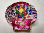 Hand-painted pink shell dish with abstract collage and cat illustration