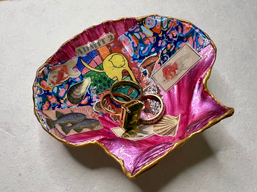 Whimsical cat and fish trinket dish with waxed gold edges