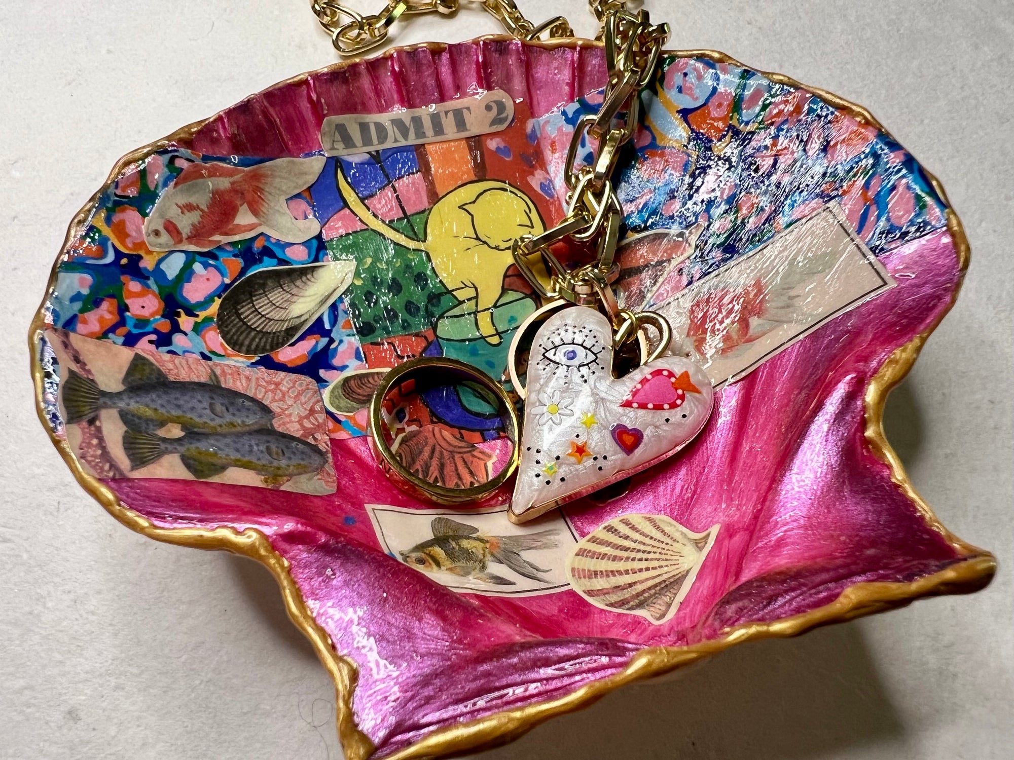 Whimsical cat and fish trinket dish with waxed gold edges