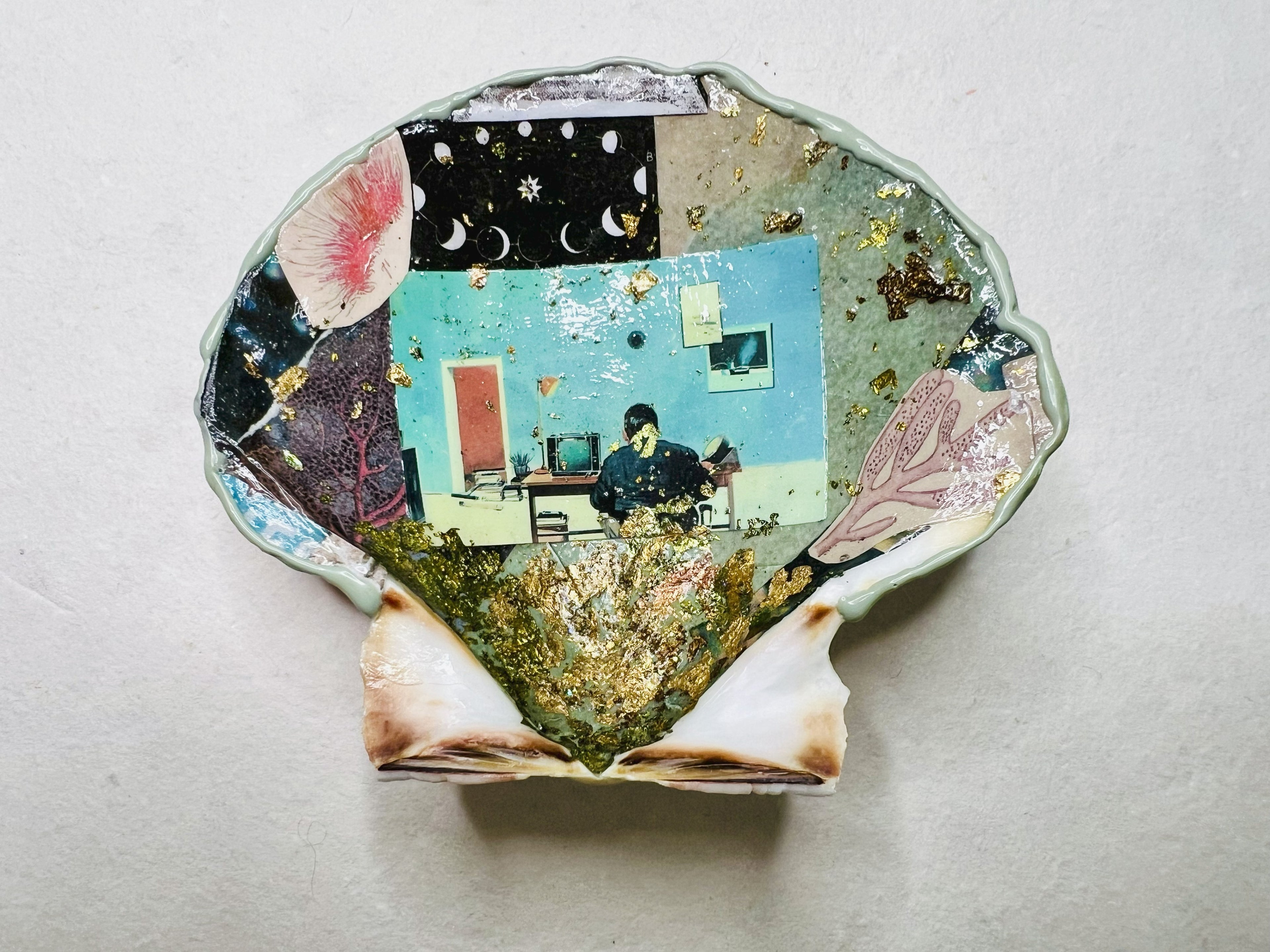 Cosmic Office: Gold-Leaf Shell Collage Dish with Surrealist Mood & Waxed Edges