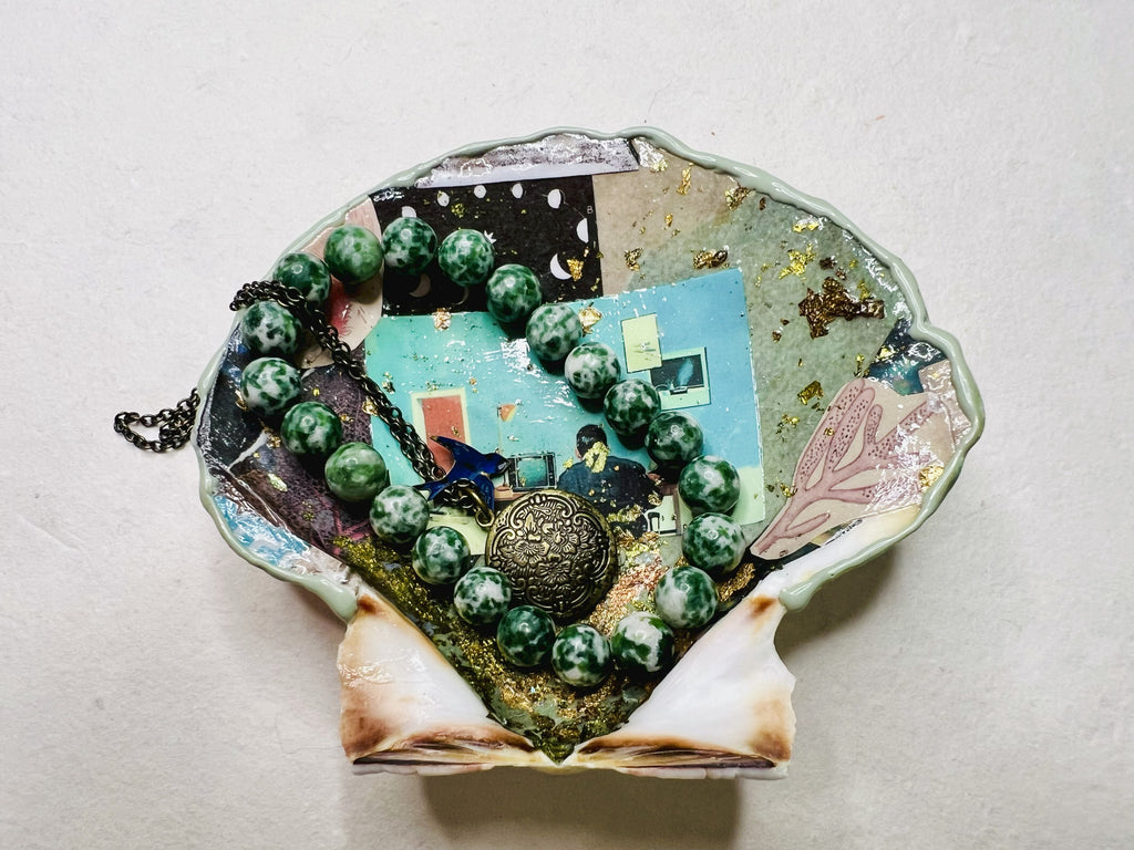 One-of-a-kind collage shell for holding jewelry or small items