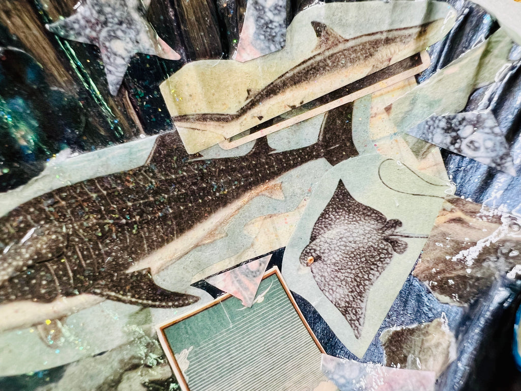 Whale shark and stingray art on black shell with glitter finish