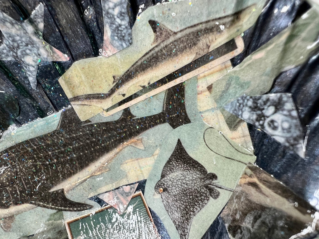 Dark painted scallop shell with blue waxed edges and underwater animal collage artwork