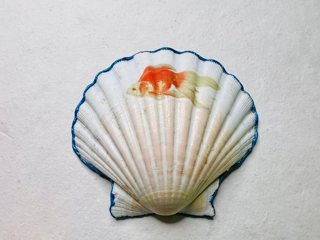 Close up view of the back of the Abyssal Light: Marine Collage Shell Dish with a goldfish decal