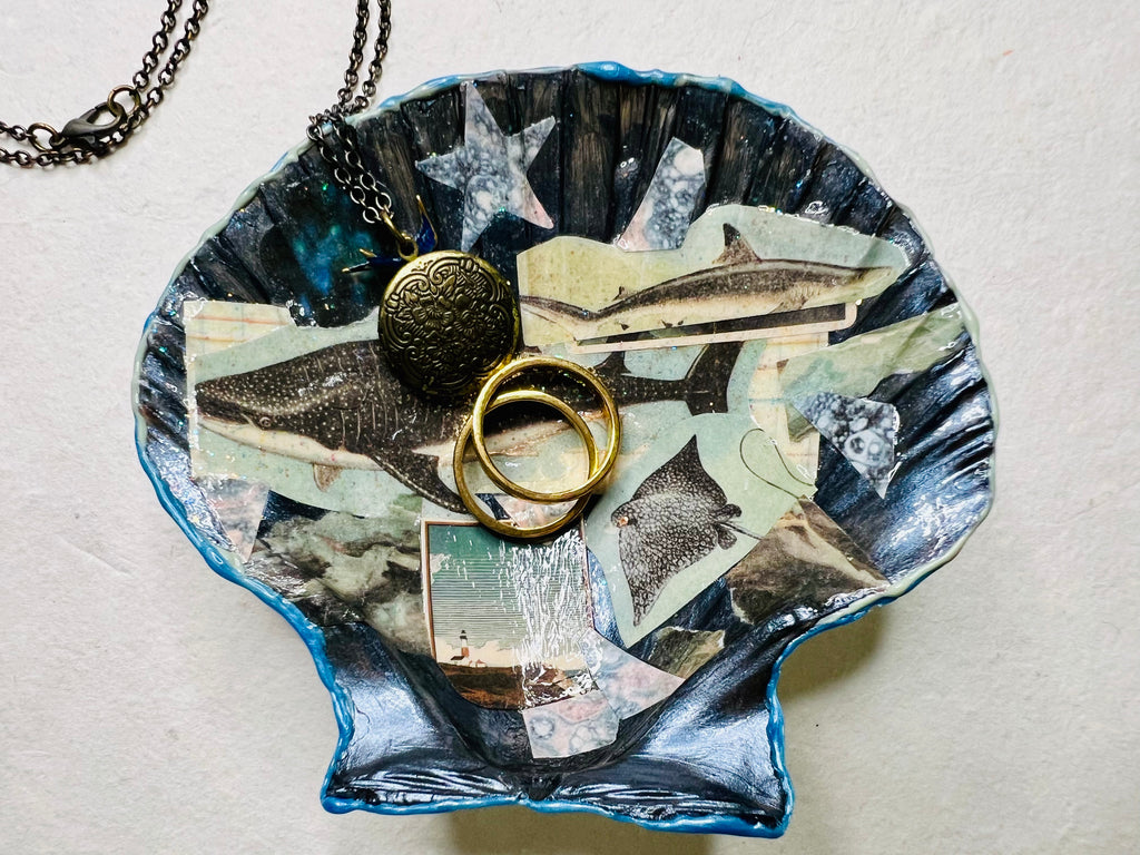 Handmade ocean collage dish for jewelry or coastal keepsakes