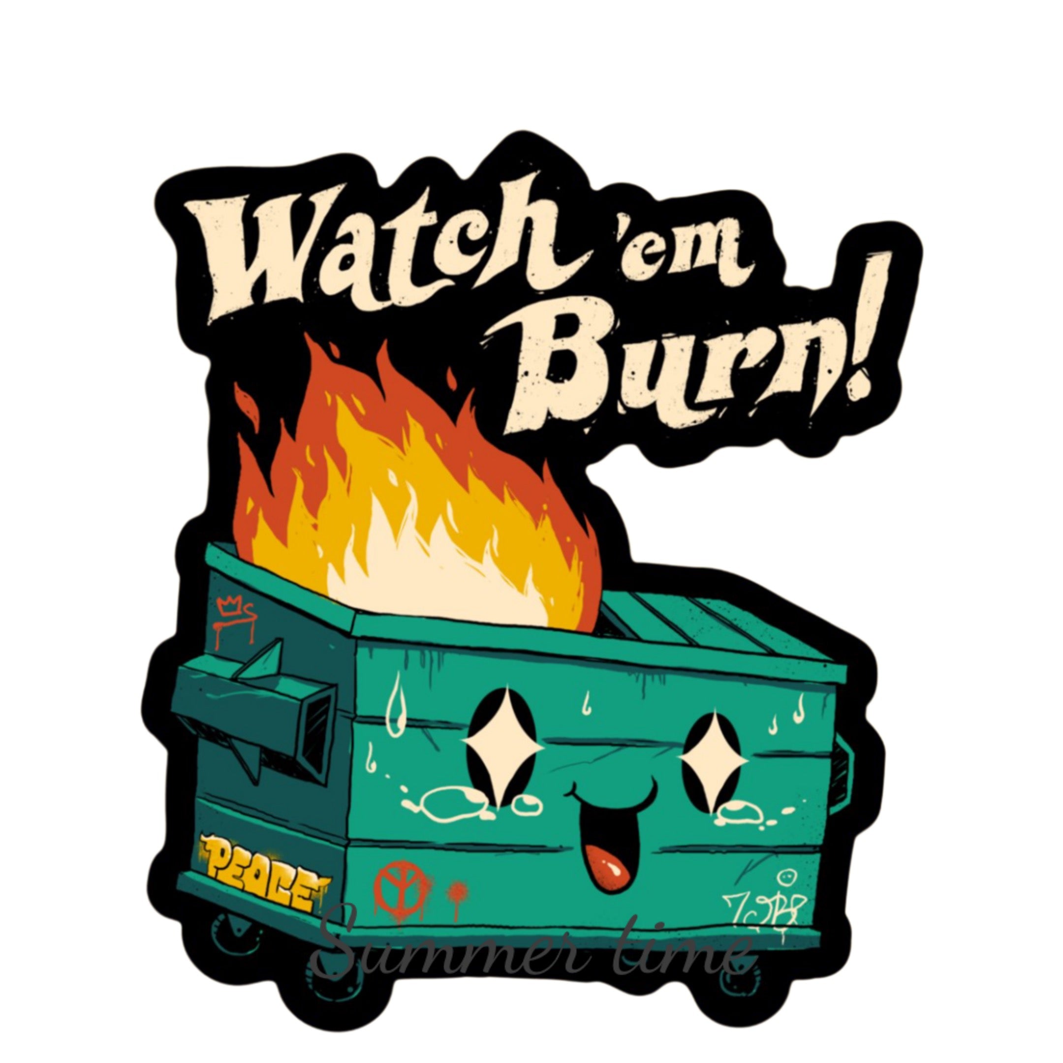 Bold vinyl sticker featuring a dumpster fire design for edgy humor